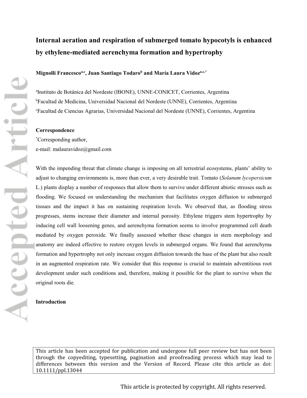 Internal Aeration and Respiration of Submerged Tomato Hypocotyls Is Enhanced by Ethylene‐Mediated Aerenchyma Formation And