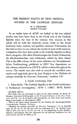 Three Categories: Die Alten Obersetzungen Des Neuen Testaments, Die Kirchenoaterzitate Und Lektionure, Edited by Kurt Aland