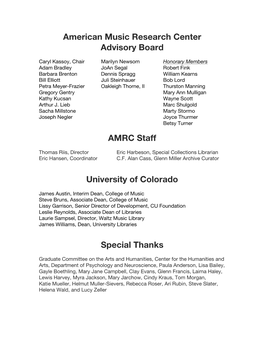 American Music Research Center Advisory Board AMRC Staff University of Colorado Special Thanks