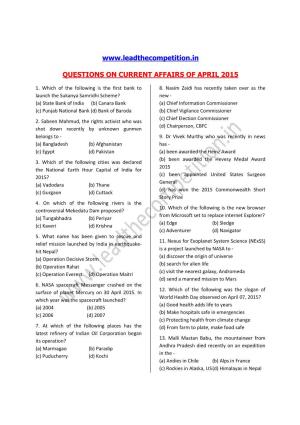 Questions on Current Affairs of April 2015