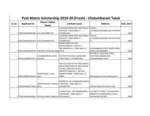 Post Matric Scholarship 2019-20 (Fresh) - Chidambaram Taluk Name / Father Sr No Applicant Id Institute Name Address Disb
