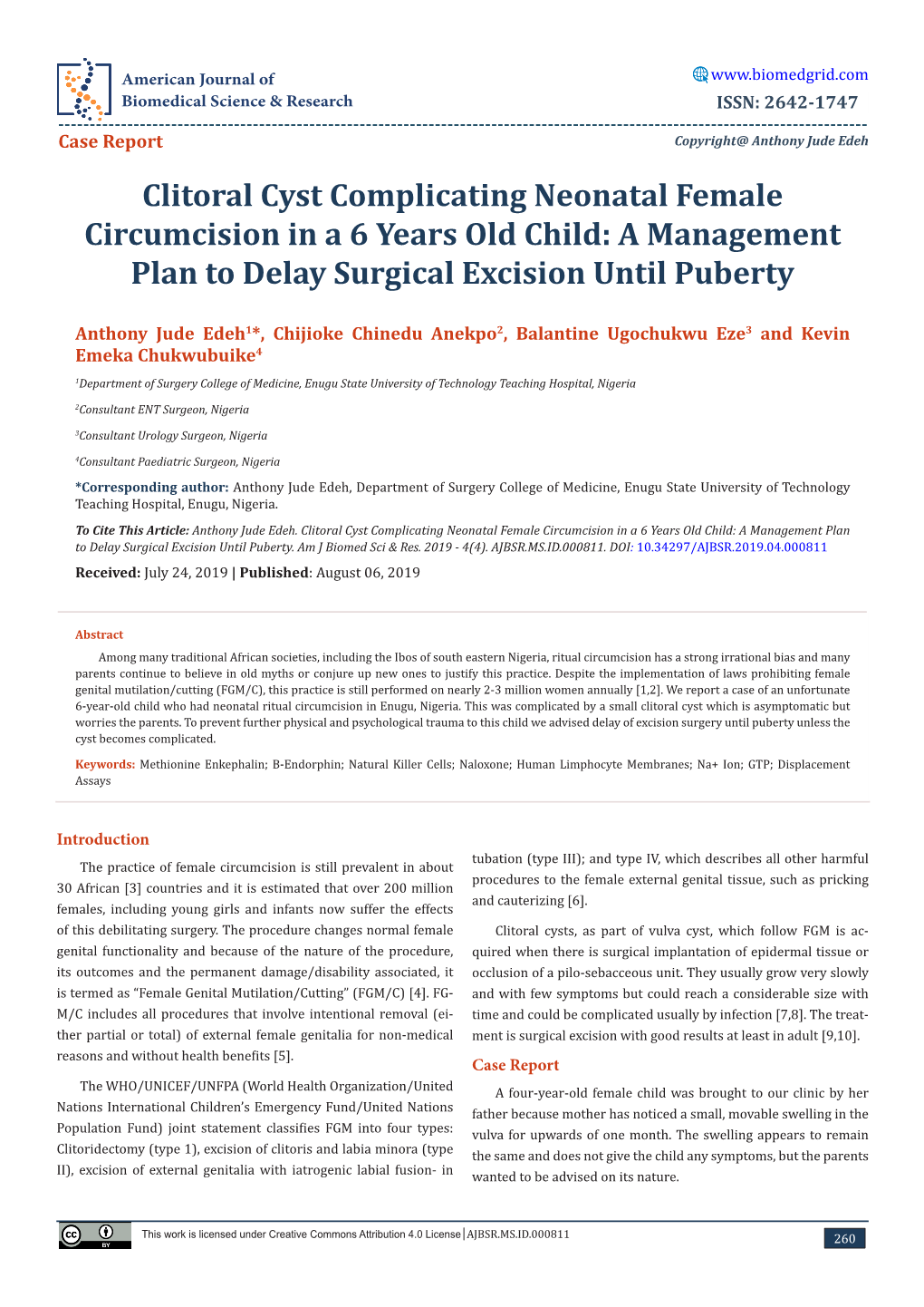 Clitoral Cyst Complicating Neonatal Female Circumcision in a 6 Years Old Child: a Management Plan to Delay Surgical Excision Until Puberty