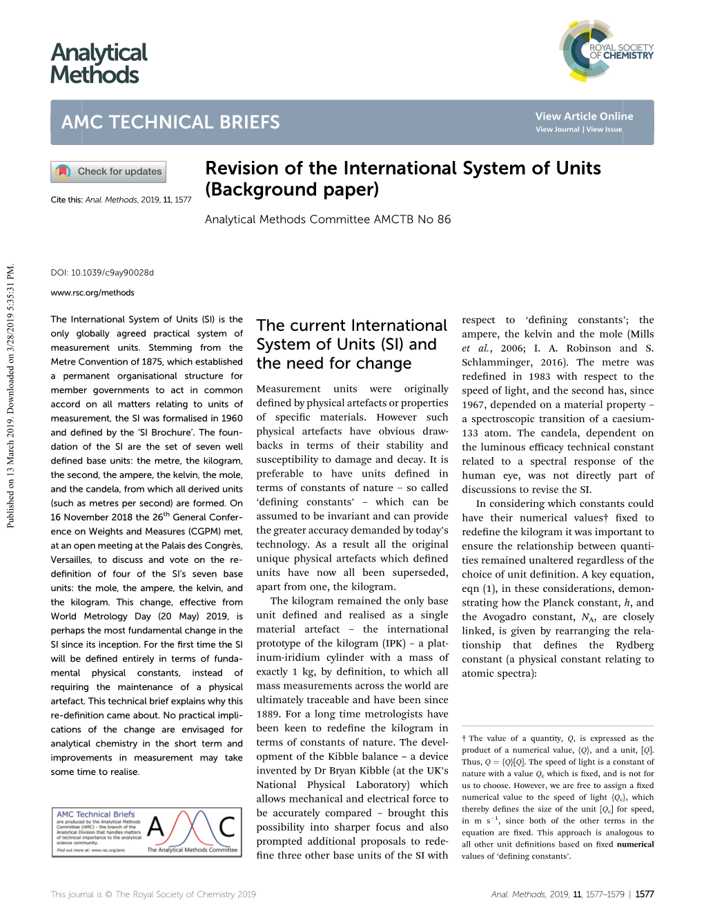 Revision of the International System of Units (Background Paper) Cite This: Anal