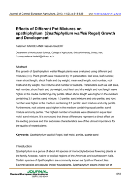 Spathiphyllum Wallisii Regel) Growth and Development