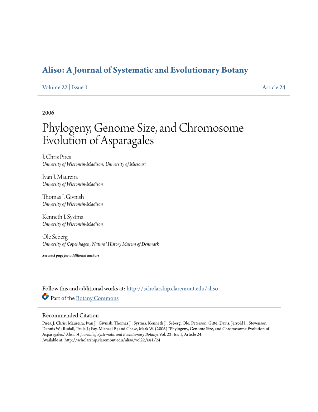 Phylogeny, Genome Size, and Chromosome Evolution of Asparagales J