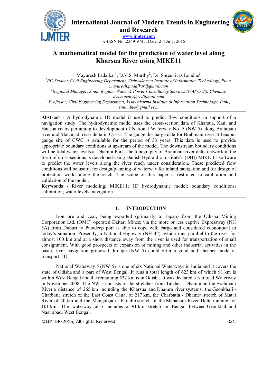 A Mathematical Model for the Prediction of Water Level Along Kharsua River Using MIKE11