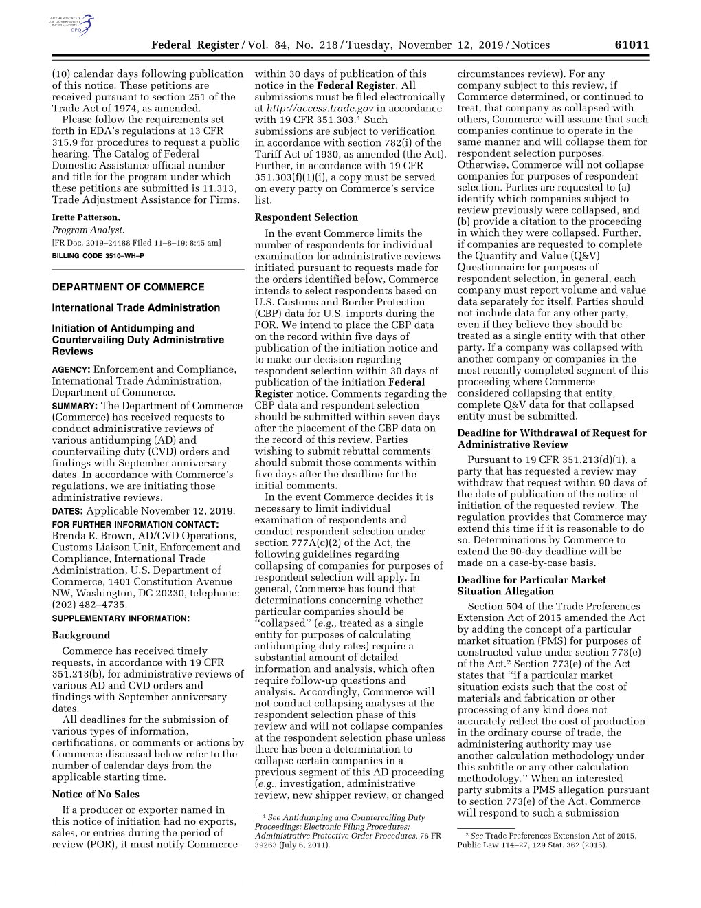 Federal Register/Vol. 84, No. 218/Tuesday, November 12, 2019