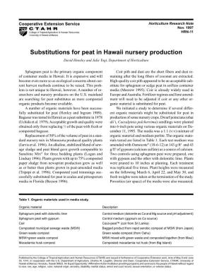 Substitutions for Peat in Hawaii Nursery Production David Hensley and Julie Yogi, Department of Horticulture