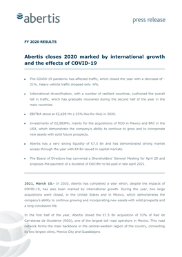 Abertis Closes 2020 Marked by International Growth and the Effects of COVID-19
