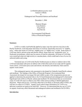 2,4-Dichlorophenoxyacetic Acid Analysis of Risk to Endangered And