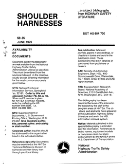 Shoulder Harnesses HS-804 730 TECHNICAL REPORT STANDARD TITLE PAGE 1