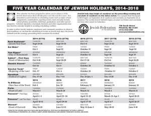 Five Year Calendar of Jewish Holidays, 2014–2018