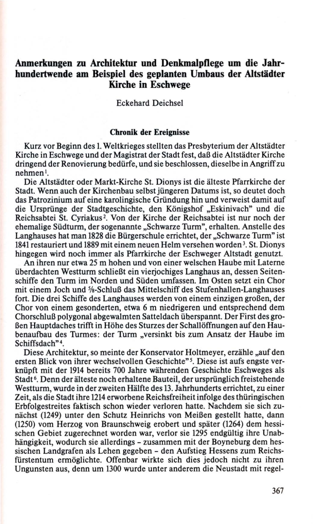 Anmerkungen Zu Architektur Und Denkmaipfiege Urn Die Jahr­ Hundertwende Am Beispiel Des Geplanten Umbaus Der A1tstiidter Kirche in Eschwege