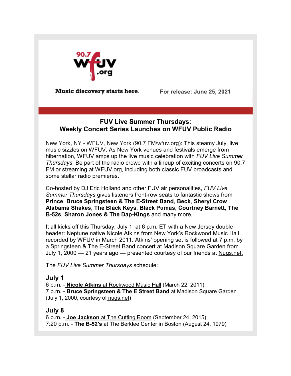 FUV Live Summer Thursdays: Weekly Concert Series Launches on WFUV Public Radio