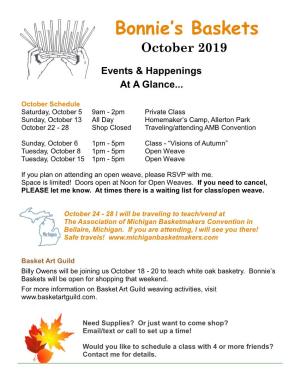 October 2019 Bonnie's Baskets Events & Happenings at a Glance