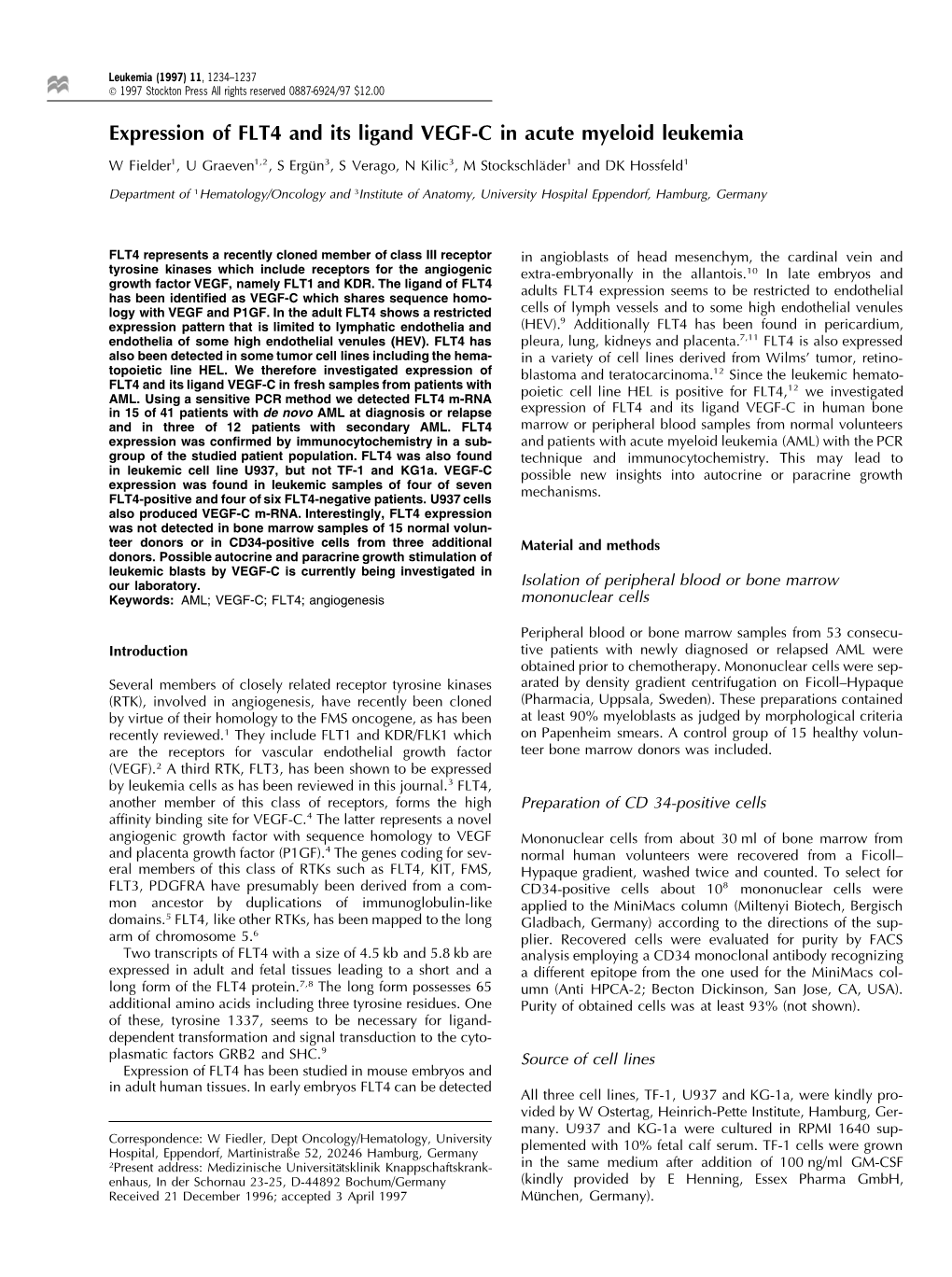 Expression of FLT4 and Its Ligand VEGF-C in Acute Myeloid Leukemia