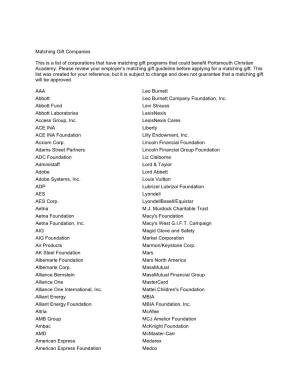 Matching Gift Companies This Is a List of Corporations That Have Matching Gift Programs That Could Benefit Portsmouth Christian