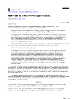 Uzbekistan: Treatment of Ethnic Tajiks and the State Protection Available to Them (2003 - 2005) Research Directorate, Immigration and Refugee Board of Canada, Ottawa