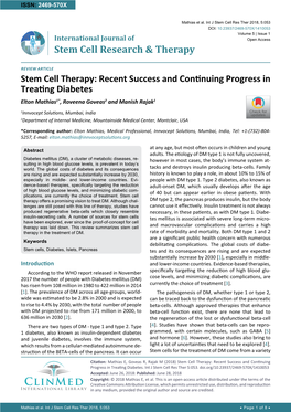 Stem Cell Therapy: Recent Success and Continuing Progress in Treating Diabetes Elton Mathias1*, Roveena Goveas2 and Manish Rajak1