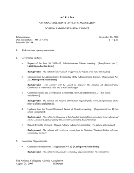 The National Collegiate Athletic Association August 28, 2009 EED:Pem Administration Cabinet Agenda September 16, 2010 Page No