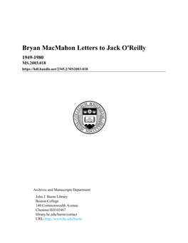 Bryan Macmahon Letters to Jack O'reilly 1949-1980 MS.2003.018