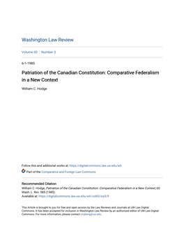 Patriation of the Canadian Constitution: Comparative Federalism in a New Context
