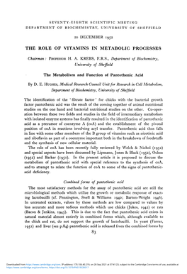 The Metabolism and Function of Pantothenic Acid