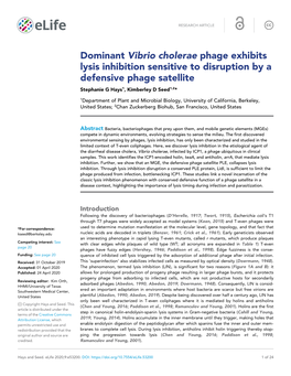 Dominant Vibrio Cholerae Phage Exhibits Lysis Inhibition Sensitive to Disruption by a Defensive Phage Satellite Stephanie G Hays1, Kimberley D Seed1,2*