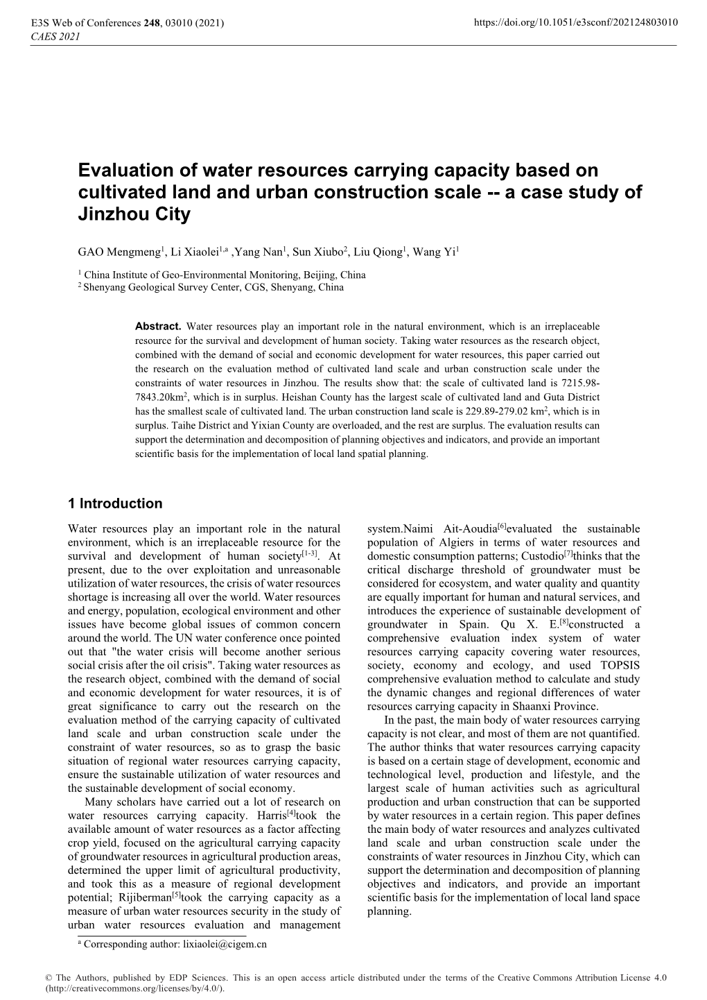 Evaluation of Water Resources Carrying Capacity Based on Cultivated Land and Urban Construction Scale -- a Case Study of Jinzhou City