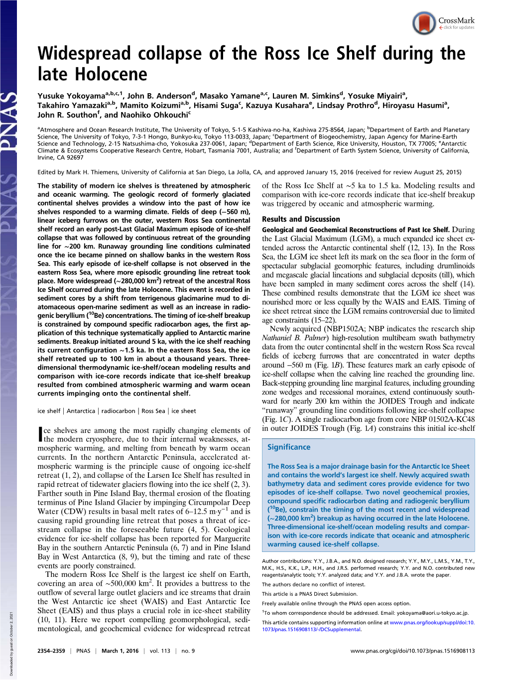 Widespread Collapse of the Ross Ice Shelf During the Late Holocene