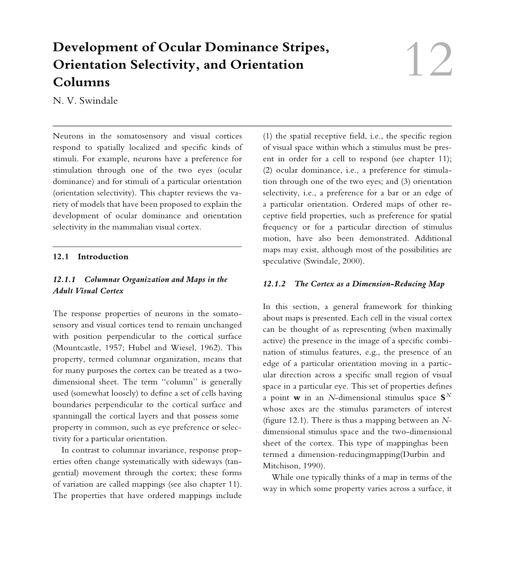 Development of Ocular Dominance Stripes, Orientation Selectivity, and Orientation Columns 12 N