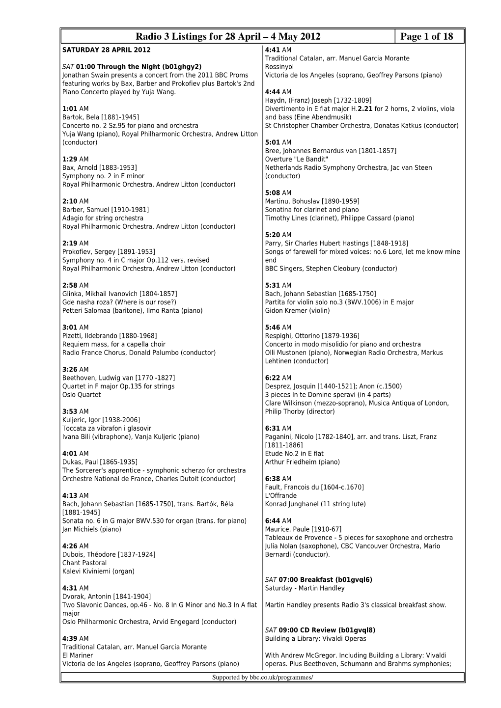 Radio 3 Listings for 28 April – 4 May 2012 Page 1 of 18 SATURDAY 28 APRIL 2012 4:41 AM Traditional Catalan, Arr