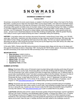 SNOWMASS SUMMER FACT SHEET Summer 2019