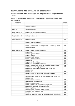 Manufacture and Storage of Explosives Regulations 2005 DRAFT APPROVED CODE of PRACTICE, REGULATIONS and GUIDANCE CONTENTS PAGE