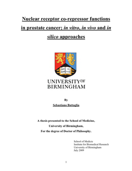 Nuclear Receptor Co-Repressor Functions in Prostate Cancer; in Vitro, in Vivo and in Silico Approaches