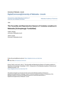 The Fecundity and Reproductive Season of Fundulus Sciadicus in Nebraska (Actinopterygii: Fundulidae)