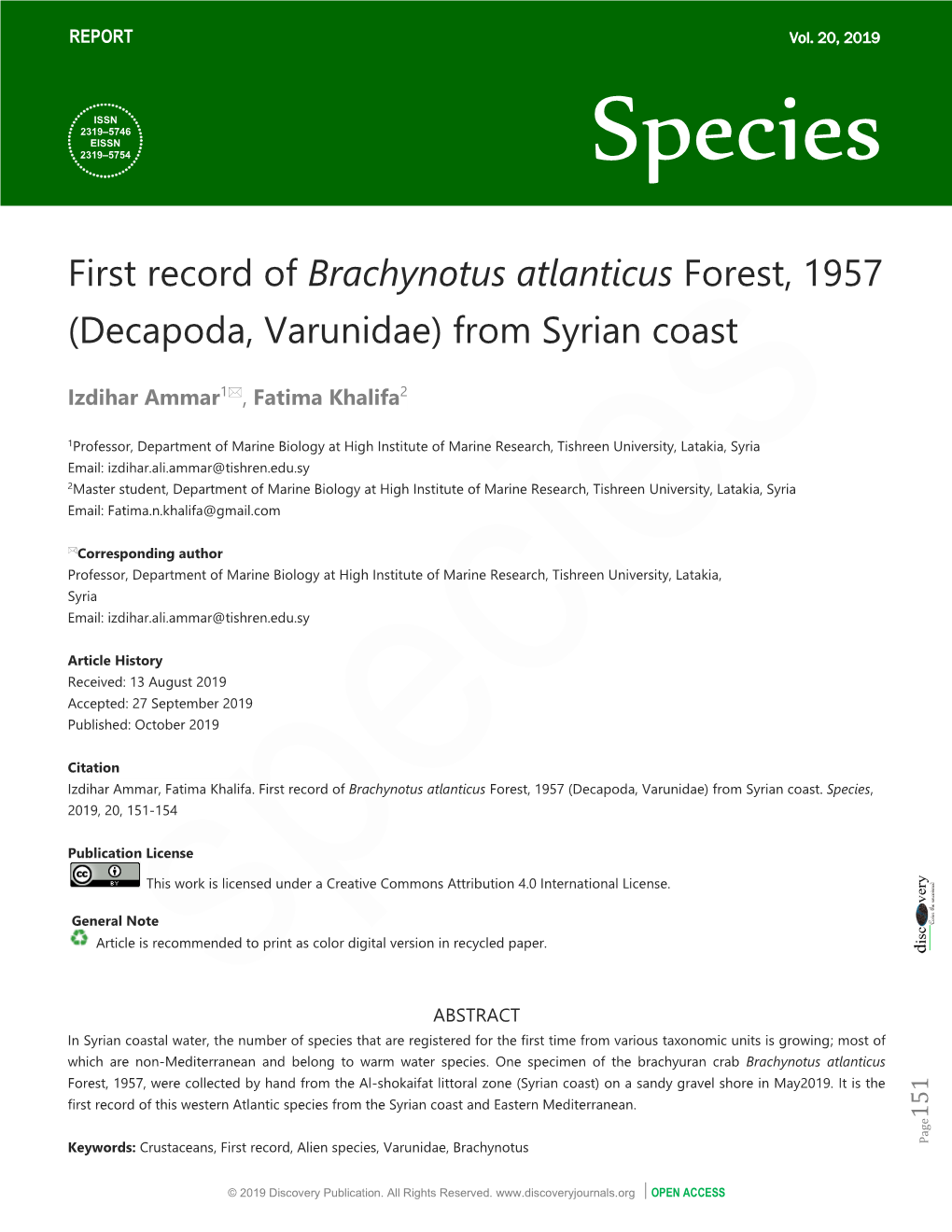 First Record of Brachynotus Atlanticus Forest, 1957 (Decapoda, Varunidae) from Syrian Coast