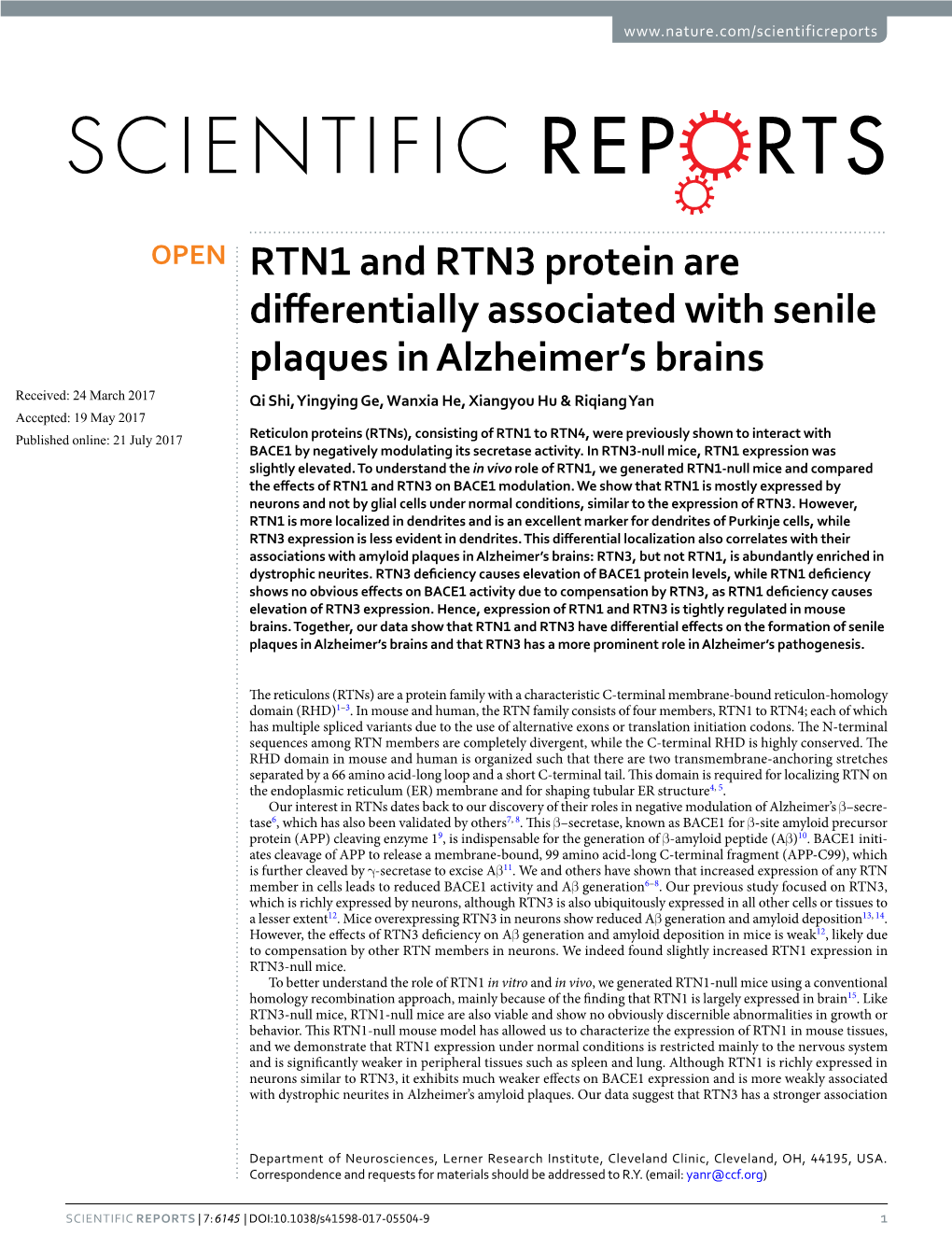 RTN1 and RTN3 Protein Are Differentially Associated with Senile