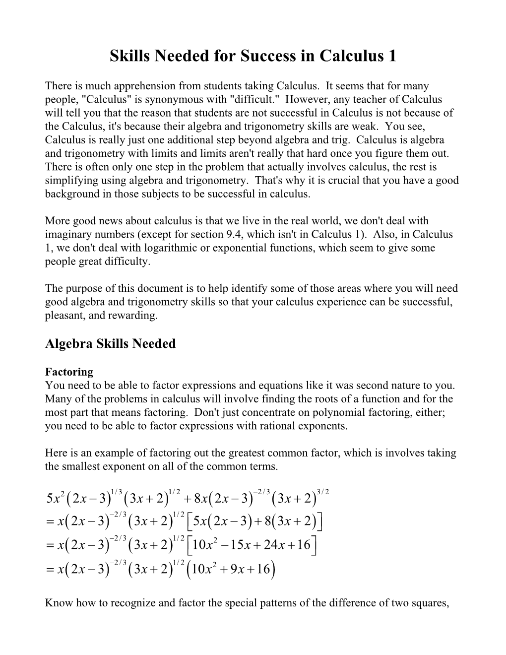 Skills Needed for Success in Calculus 1