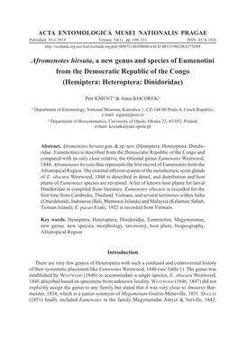 Afromenotes Hirsuta, a New Genus and Species of Eumenotini from the Democratic Republic of the Congo (Hemiptera: Heteroptera: Dinidoridae)