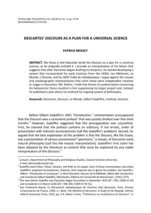 Descartes' Discours As a Plan for a Universal Science