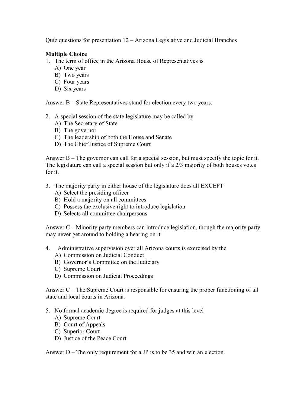 Quiz Questions For Presentation 12 – Arizona Legislative And Judicial Branches