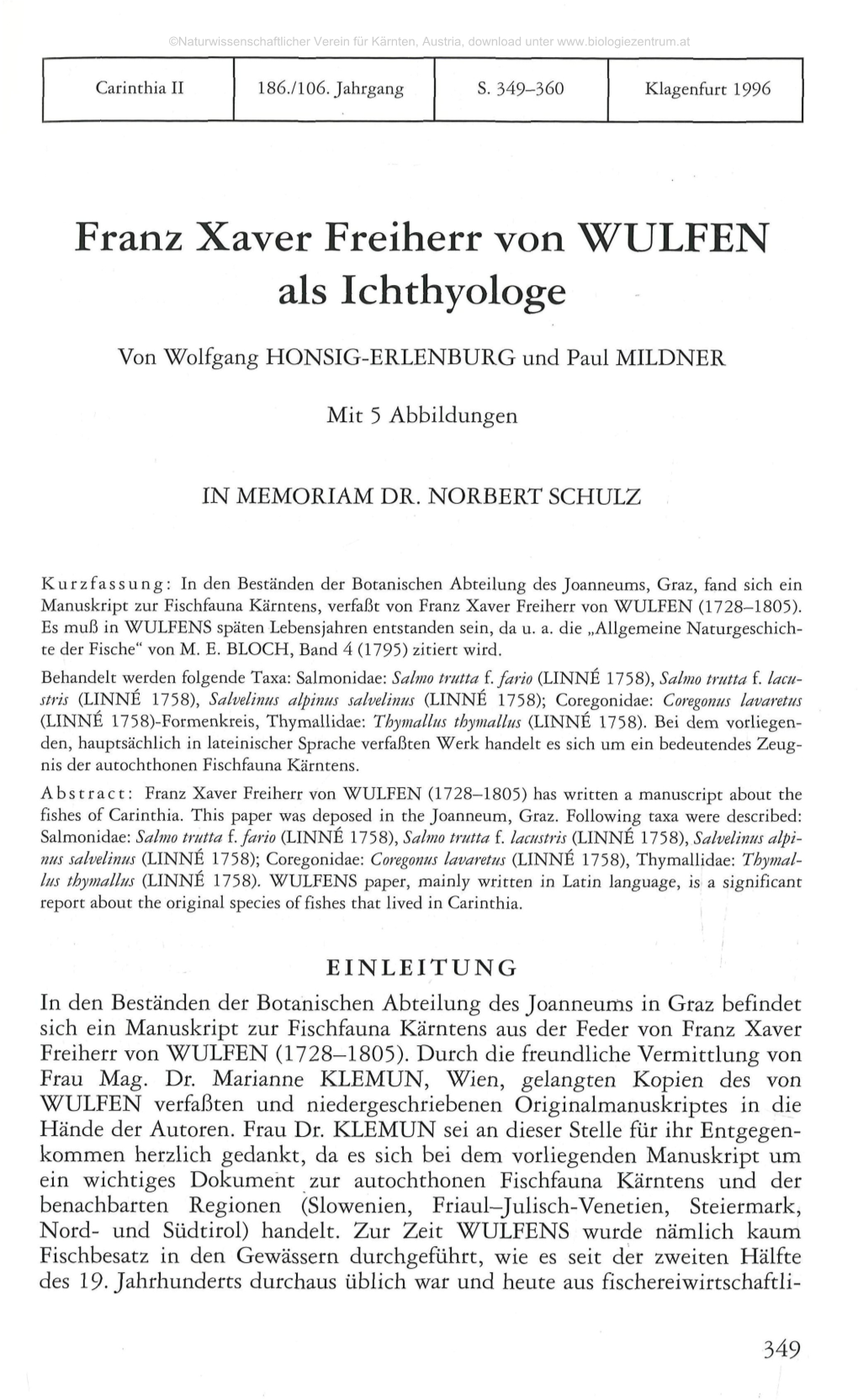 Franz Xaver Freiherr Von WULFEN Als Ichthyologe