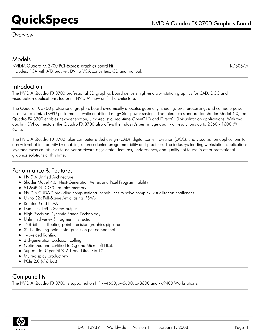 NVIDIA Quadro FX 3700 Graphics Board Overview