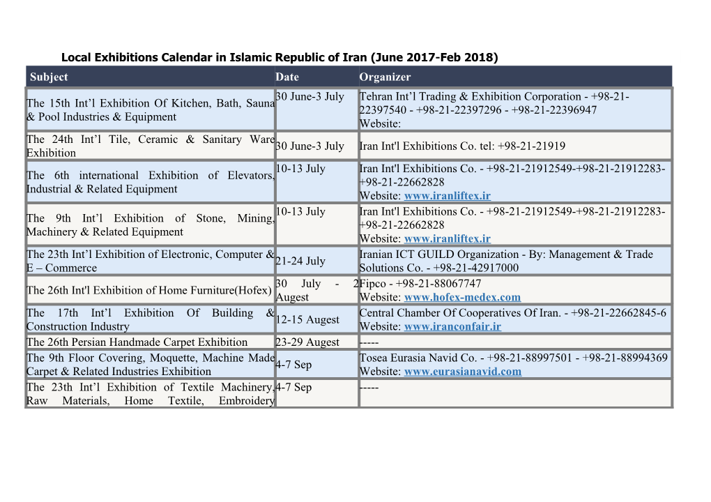 Local Exhibitions Calendar in Islamic Republic of Iran (June 2017-Feb 2018)