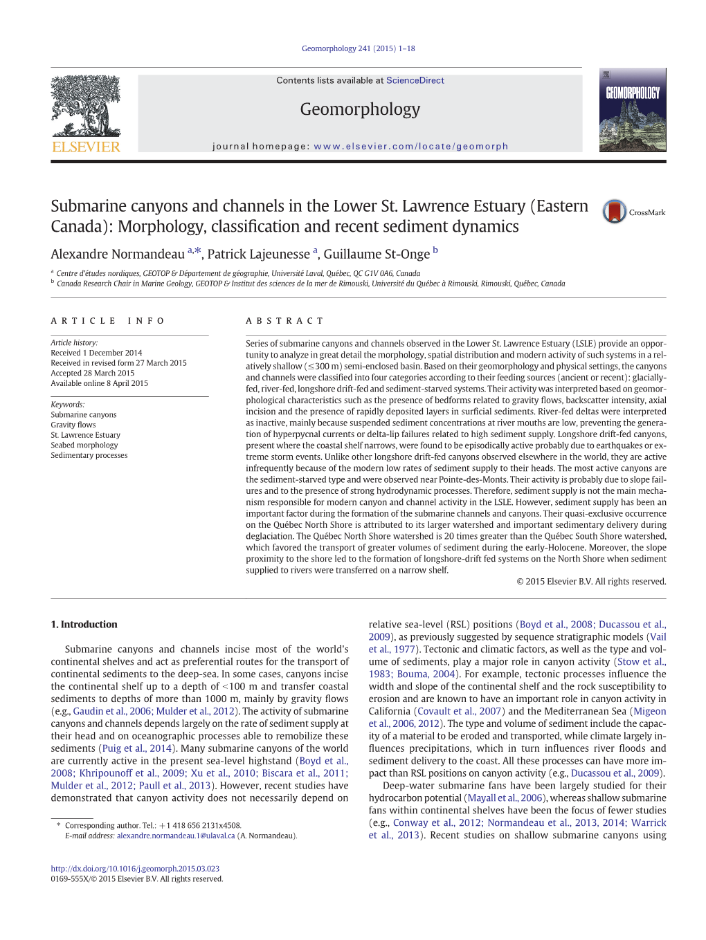 Submarine Canyons and Channels in the Lower St. Lawrence Estuary (Eastern Canada): Morphology, Classiﬁcation and Recent Sediment Dynamics