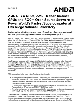AMD EPYC Cpus, AMD Radeon Instinct Gpus and Rocm Open Source Software to Power World’S Fastest Supercomputer at Oak Ridge National Laboratory