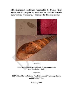 Effectiveness of Host Snail Removal in the Comal River, Texas and Its Impact on Densities of the Gill Parasite Centrocestus Formosanus (Trematoda: Heterophyidae)