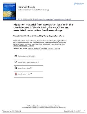 Hipparion Material from Gaojiashan Locality in the Late Miocene of Linxia Basin, Gansu, China and Associated Mammalian Fossil Assemblage