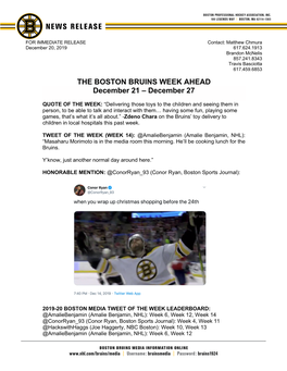 THE BOSTON BRUINS WEEK AHEAD December 21 – December 27